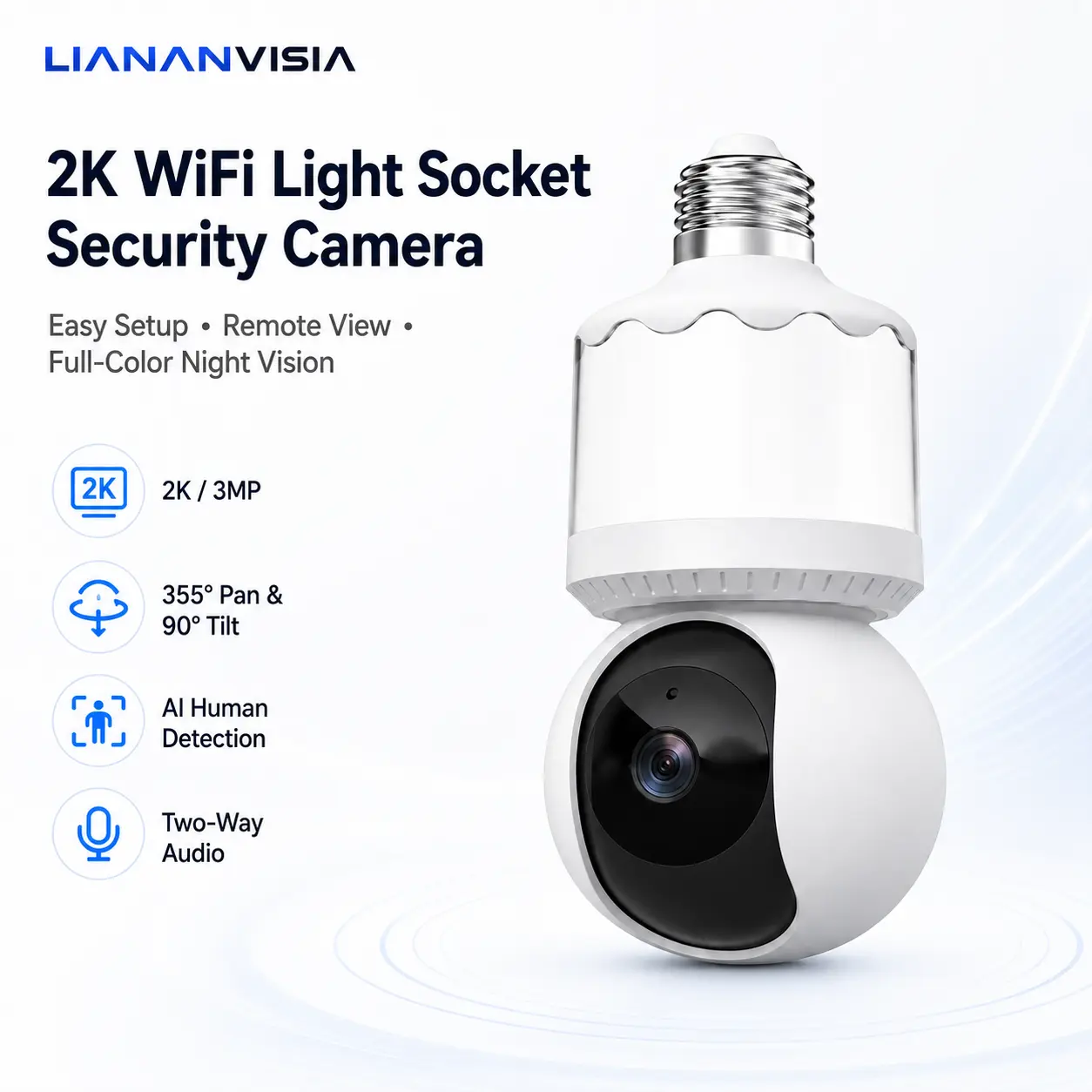 E27 Bulb Socket Security Camera Device, 2000P/3MP WiFi Smart Home Holder, 355° Pan-90° Tilt, Full-Color Night Vision, AI Detection, Motion Sensor Alerts, Auto Tracking, 2-Way Audio, 24/7 Recording, Micro SD Compatible, App-Based Control, Easy Installation