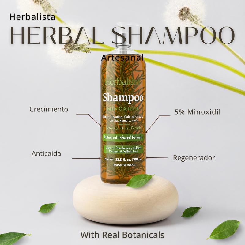 Herbalista Viral New Herbal Shampoo Minoxidil 1000ml (33.8 fl oz) - With Real Pieces of Rosemary, Cinnamon, Aloe, & Mint - Fortalece, Regenera, Acelera Crecimiento – Con Ingredientes Naturales.