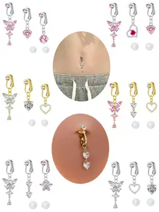 5-Piece Women's Faux Belly Button Piercing Jewelry Set, Includes 3 Clip-On Belly Rings with Heart, Butterfly, and Cubic Zirconia Charms, Perfect Valentine's Gift with 2 Silicone Pads