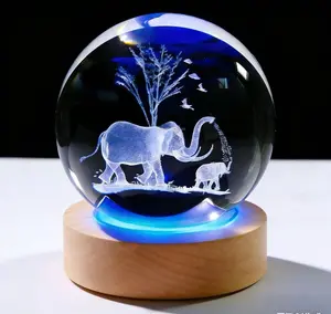 3D Elephant Crystal Ball Night Light with Wooden Base K9 Crystal Figurine Lamp Colors 4 Modes USB Powered Desk Decor for Women Kids Friends Adults