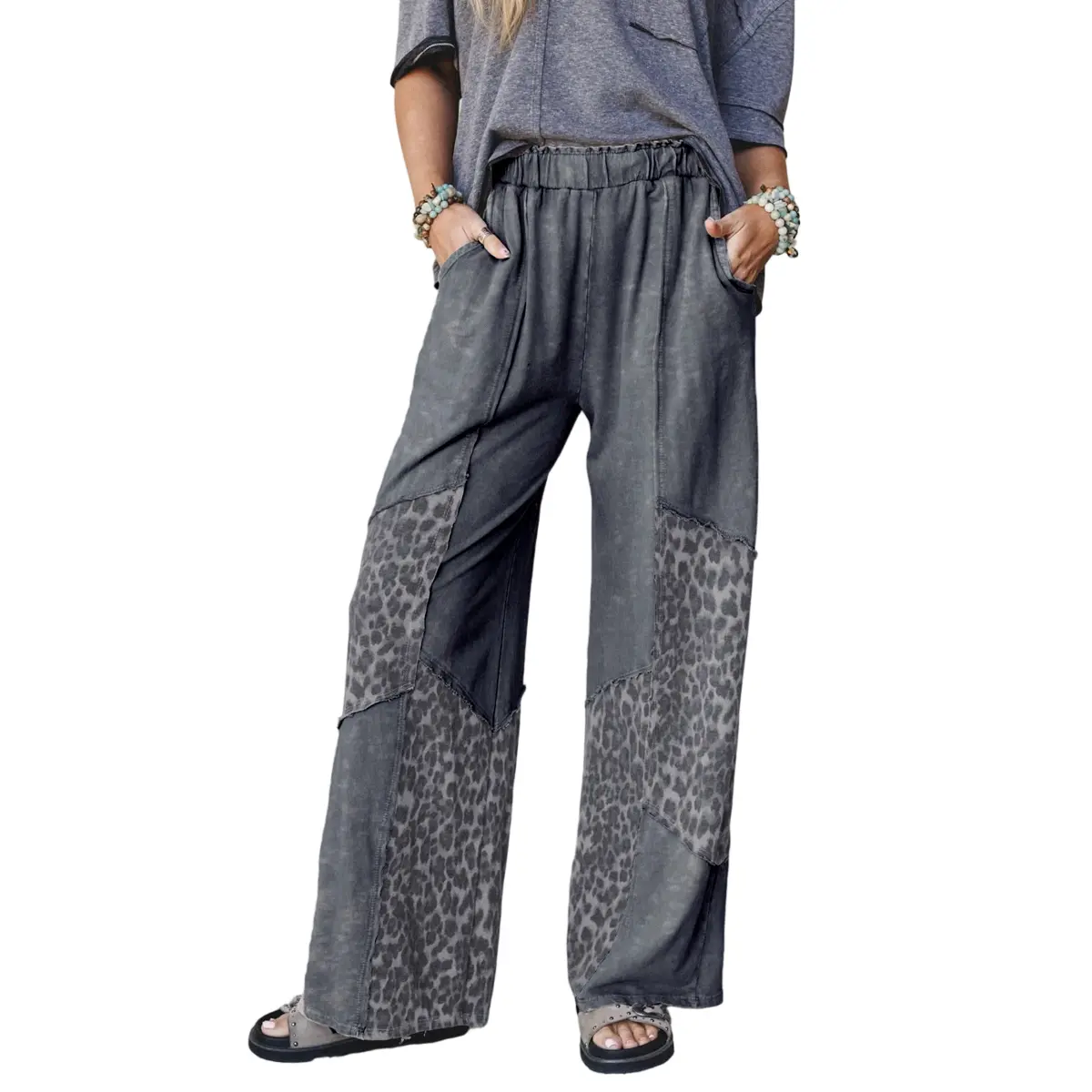Mntaor Women's Mineral Wash & Leopard Print Patchwork Pants - High-Waisted Baggy Jeans for Y2K Streetwear, Casual Daily Wear | Womenswear Bottom