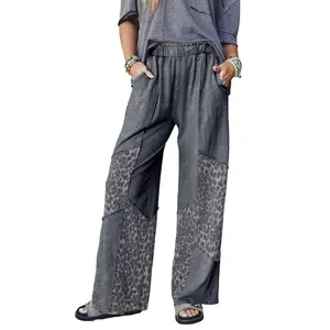 Mntaor Women's Mineral Wash & Leopard Print Patchwork Pants - High-Waisted Baggy Jeans for Y2K Streetwear, Casual Daily Wear | Womenswear Bottom