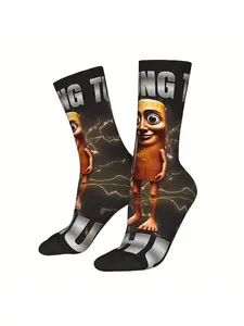BIIHUDU Men'S Italian Brainrot Meme Socks - Full-Body Printed Design with Lightning Bolts & Cartoon Character, Durable Polyes