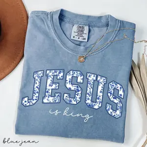 Comfort Colors Jesus Is King Shirt: Blue Floral Toile de Jouy Christian Tee Gift