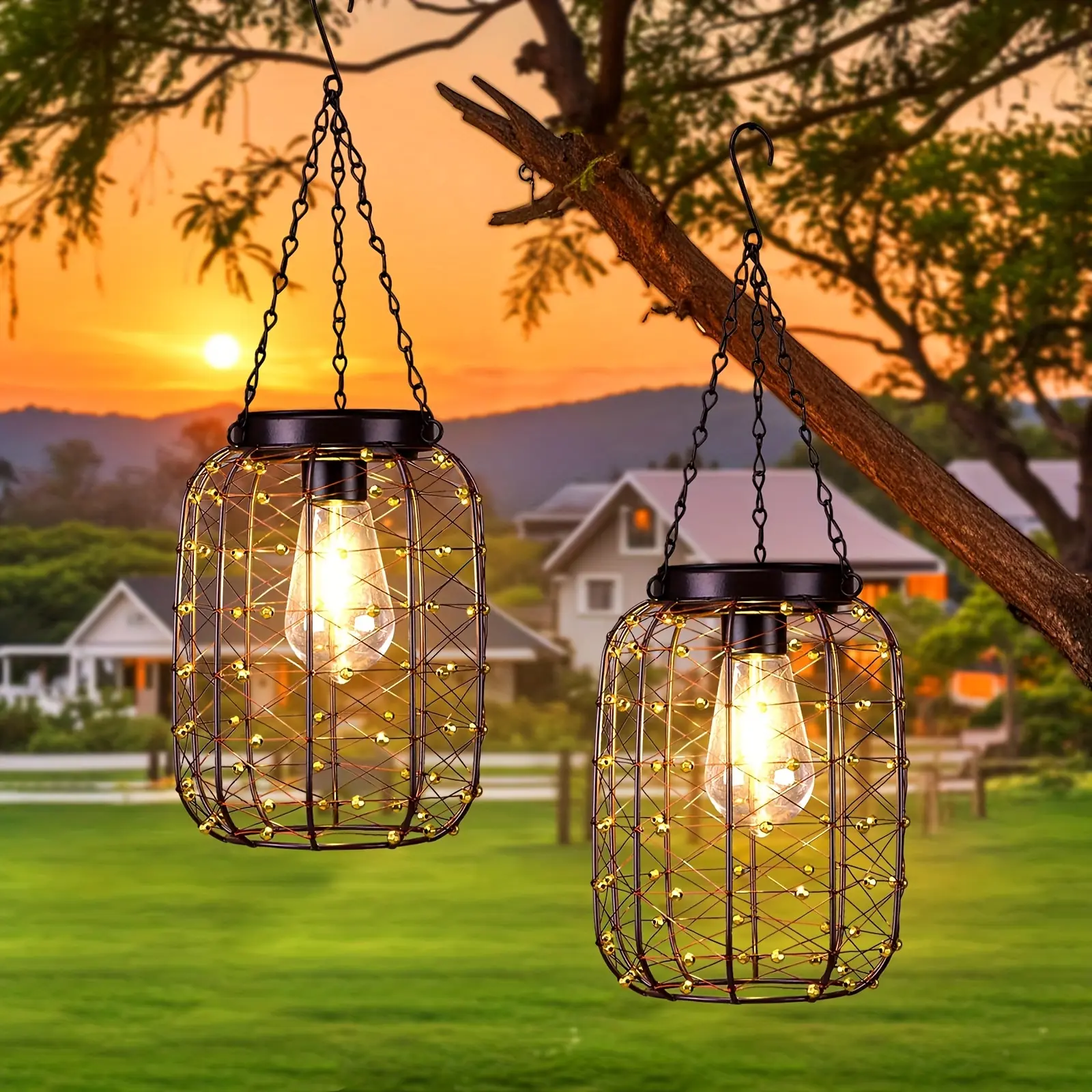 2 Pack Hanging Solar Lantern Lights, Solar Chandelier Outdoor Vintage Copper Outdoor Hanging Lights for Outside Gazebo, Pergola, Porch, Yard, Garden, Pathway, Decor