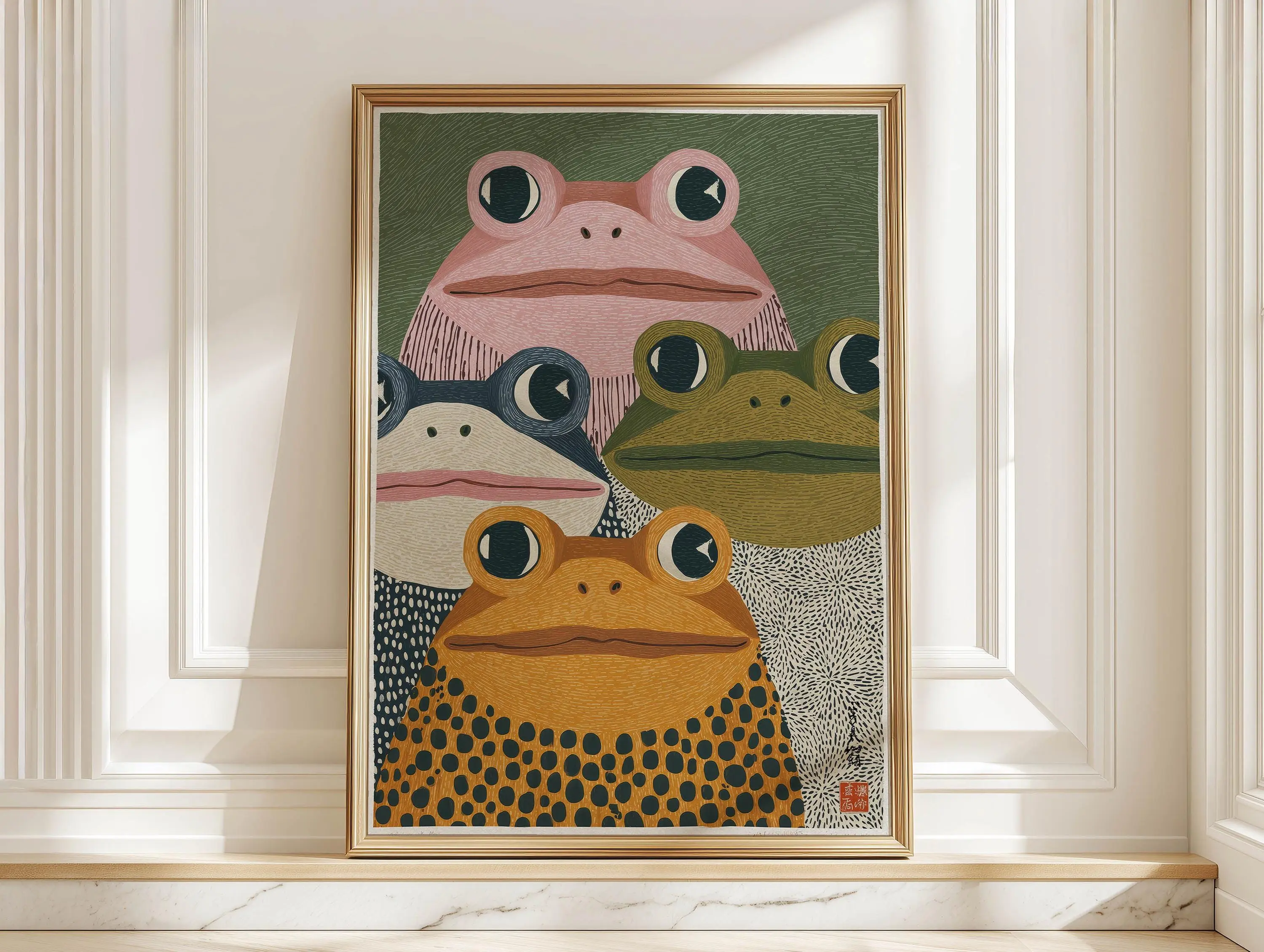 Modern Japanese Frog Art Print, Retro Colorful Frog Poster, Japandi Wall Decor, Quirky Animal Artwork, UNFRAMED