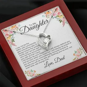 To My Daughter Love Heart Necklace Message Card Necklace Birthday Gift From Dad Handmade Jewelry Cubic Zirconia Pendant Adjustable Chain 18-22 Inches