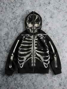 Men's Zip-up Jacket Día de Muertos Day of the Dead Halloween Hoodie Jacket with Fleece Lining Embroidered Letters Zipper Design Long Sleeve Loose Fit Fall & Winter Fashion