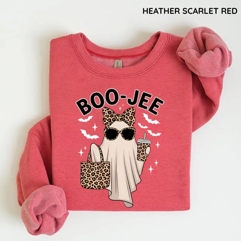 Boo-Jee Ghost Sweatshirt, Funny Leopard Ghost Graphic Crewneck, Cute Halloween Pullover, Girly Spooky Season Sweatshirt, Cozy Fall Gift for Women