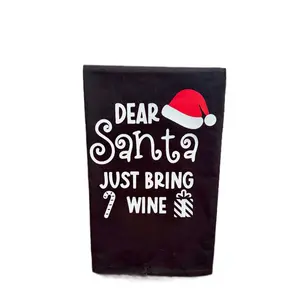 Christmas Kitchen Towel - Dear Santa Just Bring Wine Design on Black Fabric