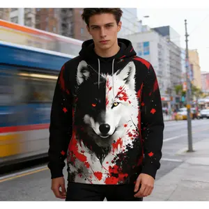 【Dual-Tone Blood Wolf Graphic Hoodie】Edgy Dark Print Top | Men/Women Oversized Stylish Streetwear | Black-White Split Wolf & Red Splash Graphic Hoodie | Trendy Bold Daily Fashion