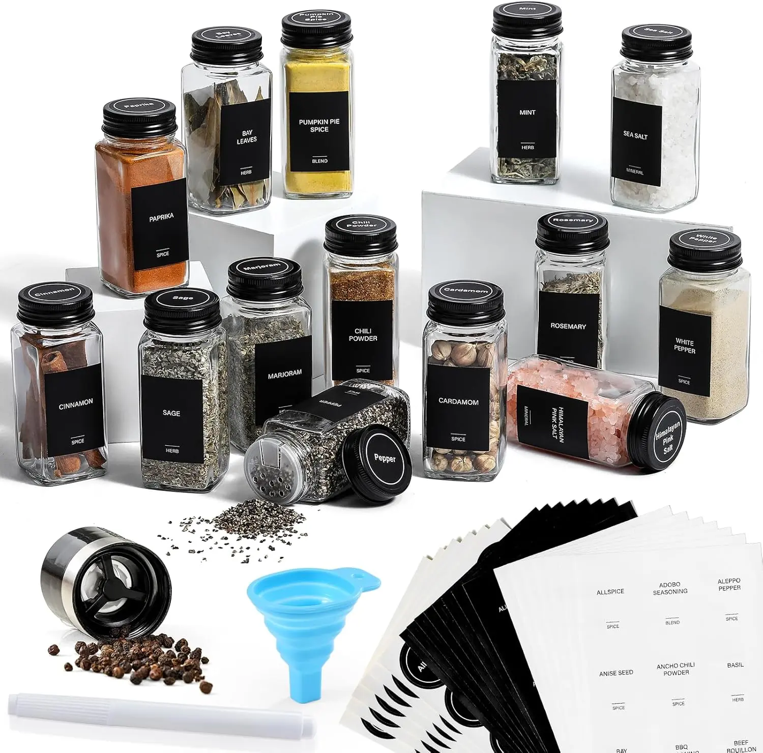 14 Pcs Glass Spice Jars with Black lids - 4oz Empty Square Spice Bottles and Spice Labels - Black Shaker Lids and Airtight Metal Caps - Silicone Collapsible Funnel Included