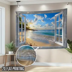 2D Flat, 1pc Tropical Beach Sunset Tapestry - 2D Flat Polyester Wall Hanging with Palm Trees & Ocean View, No Electricity Needed, Versatile Home Decor for Living Room or Bedroom, Beach Theme Decor