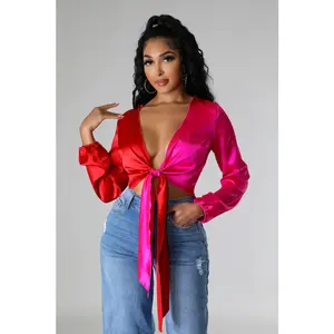 Satin Color Block Tie Detail Crop Top