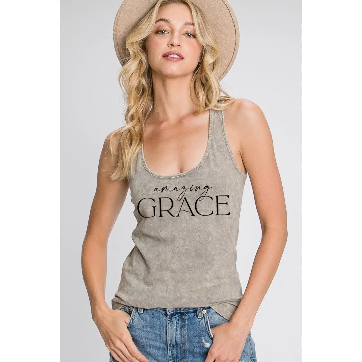 Women's Sleeveless Vintage Cotton Jersey Tank Top - Black, Mineral Oatmeal, Amazing Grace Graphic - Final Sale
