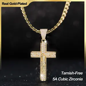 Holylegend 14K Real Gold-Plated Cross Necklace for Men, Advanced Nanotech Tarnish-Free Miami Cuban Figaro Rope Chains with Jesus Crucifix Pendant, 24” Long , Christian Religious Jewelry Gift