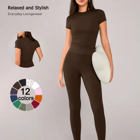 TIMEOFF Women's 2-Piece Gym Workout Set Quick-Dry, Stretchy Snug Compression High-Waisted Leggings & Breathable Round Neck Tee, Curve Enhancing Activewear for Yoga & Athleisure