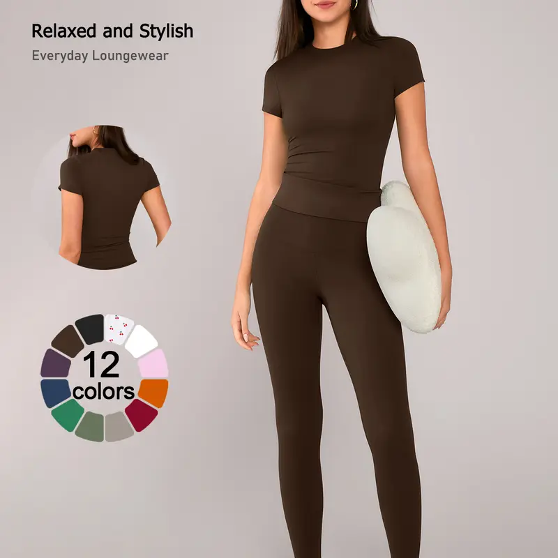 TIMEOFF Women's 2-Piece Gym Workout Set Quick-Dry, Stretchy Snug Compression High-Waisted Leggings & Breathable Round Neck Tee, Curve Enhancing Activewear for Yoga & Athleisure