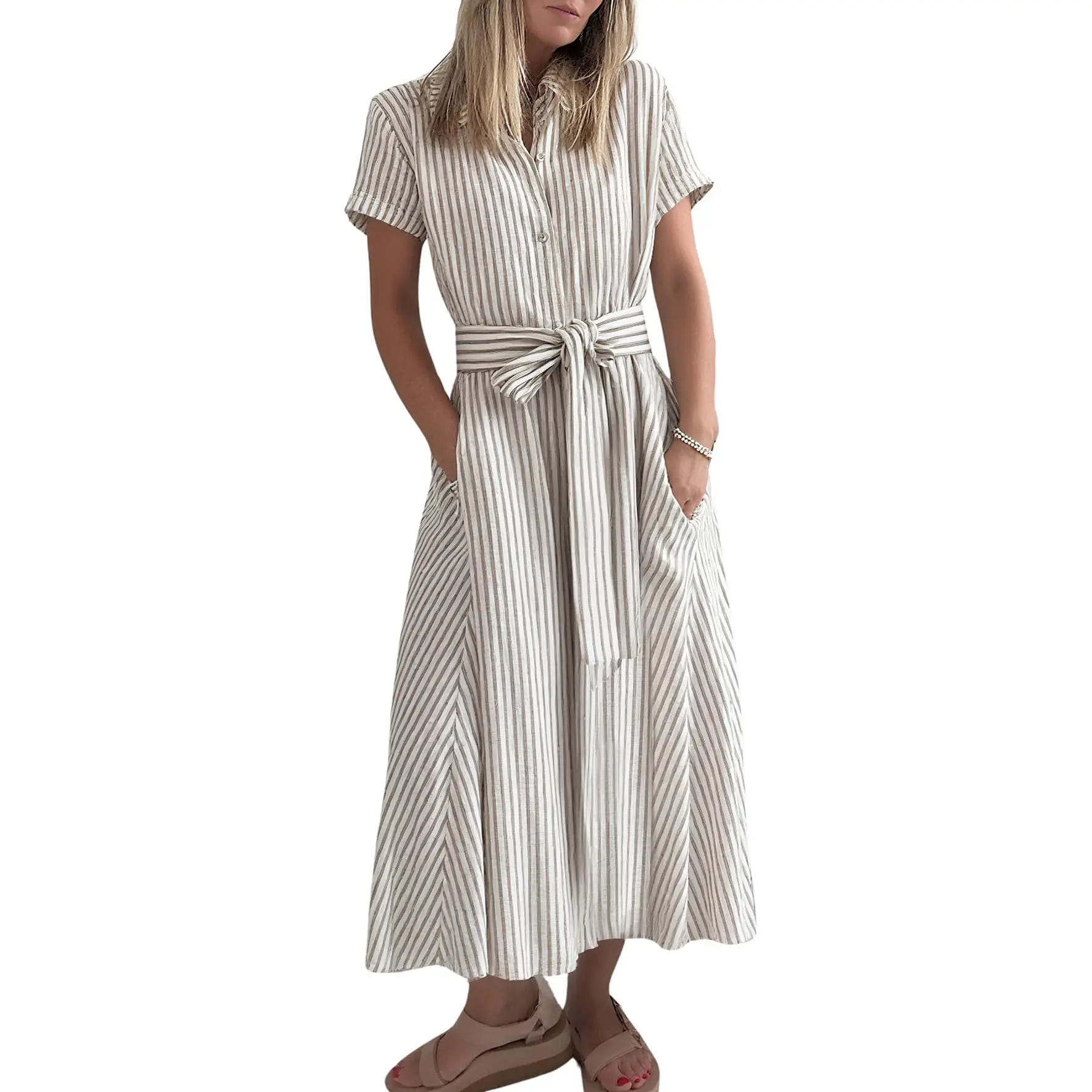 Chouyatou Women's Comfy High-Waisted Bohemian Striped Pure Cotton Short-Sleeve Breathable Dress, Business Casual Summer Wear for Teachers, Cocktail Occasions, Teacher, Cute, Sleeve Shirt, Casual Wear, Soft, Flared
