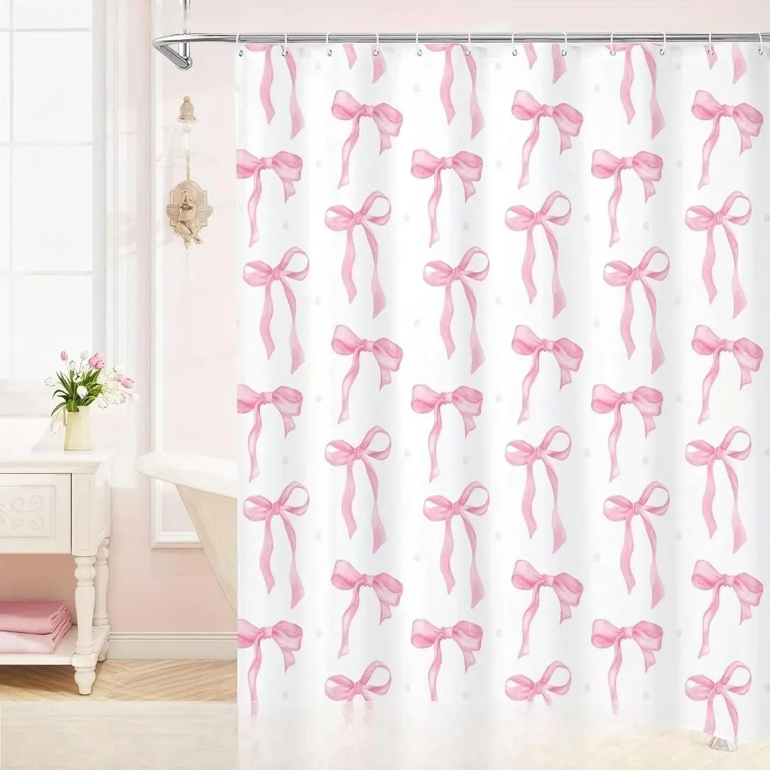 Cute Bow Girly Decorative Shower Curtain, 70.9x70.9 Inch Aesthetic Bowknot Design, Modern Minimalist Style for Bathroom Decor, Shower Essentials