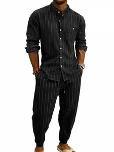 Men's Stand Collar Button Striped Cuffed Long Pants Linen Two-Piece Set, Regular Fit, Lightweight Breathable Summer, Essential Linen Set