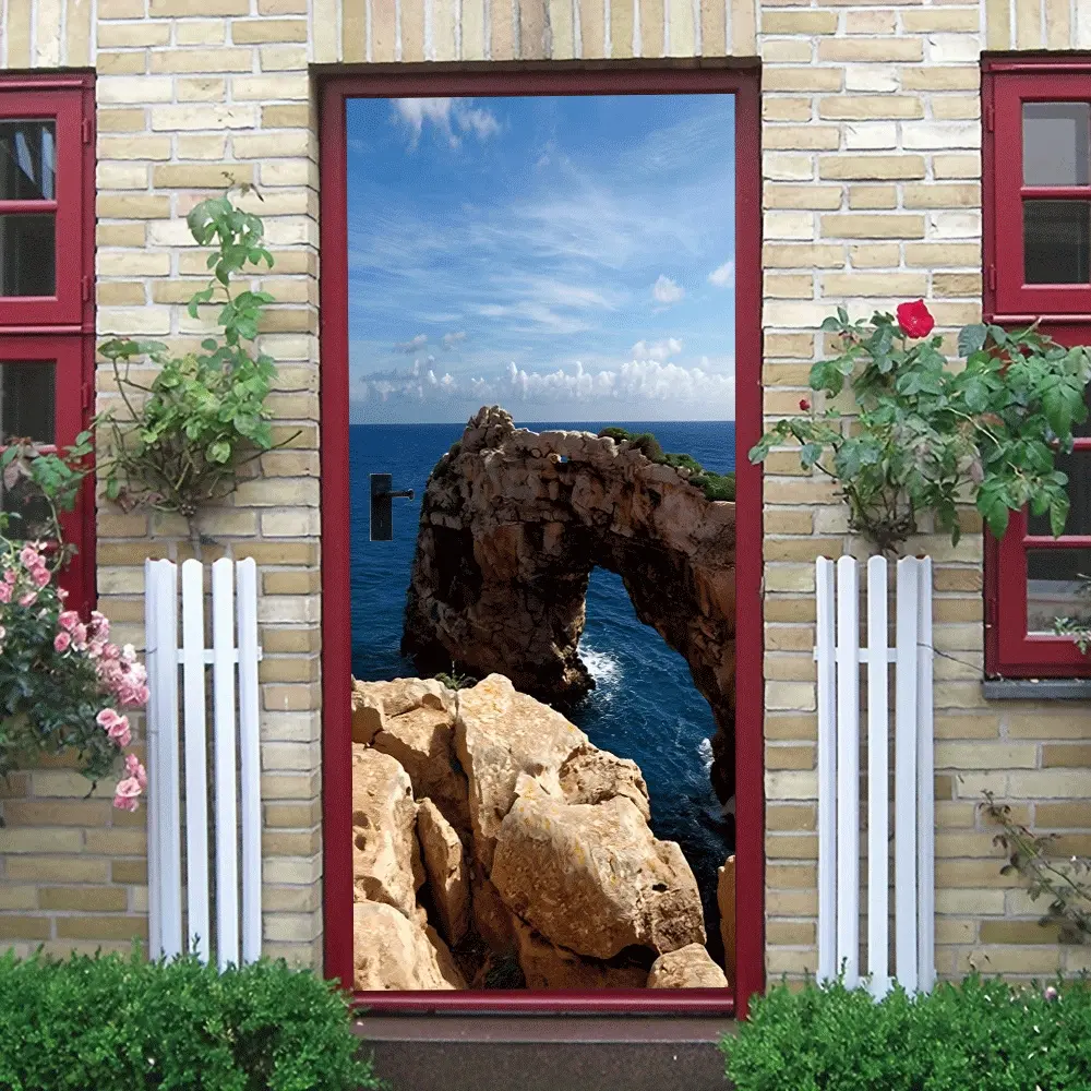 2pcs Mediterranean Natural Stone Arch Landscape Wall Sticker Waterproof Self Adhesive Removable Seaside Scenery Home Decor Art Decal for Living Room Bedroom Background Wall Modern Minimalist Home Decorat