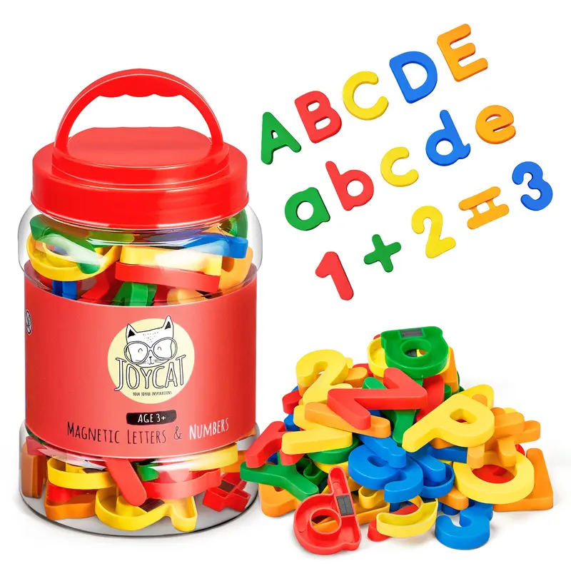 JoyCat Magnetic Letters and Numbers Fridge Magnet Toyset - 78 Pcs Resilient Unisex Preschool Learning Toy (1.2In-1.5In ABC Upper/Lowercase, 6 Math Symbols, Matte Safe Grip, Colorful), Travel-Friendly Gift Box for Kids 3+ (Spelling & Counting Focus)