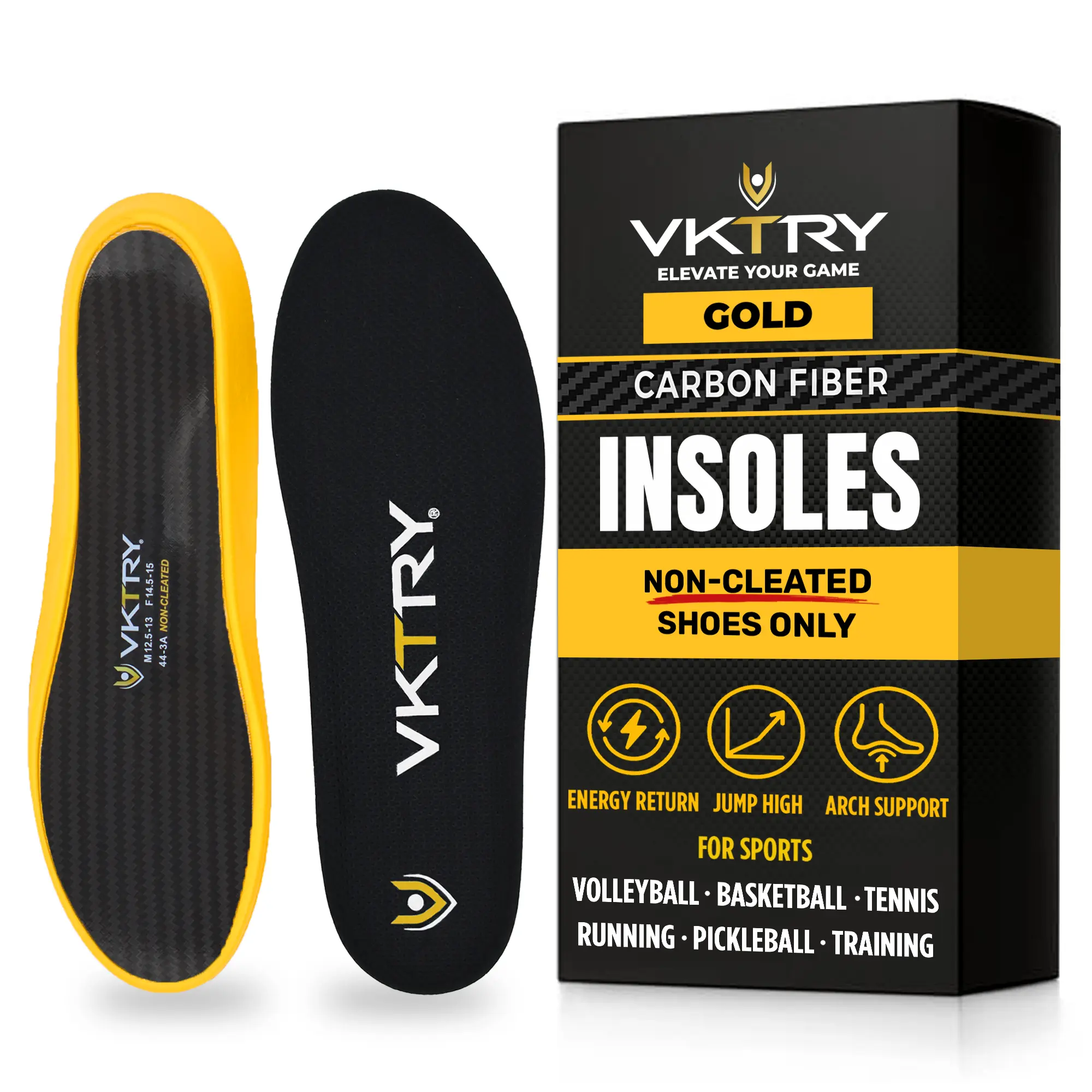 VKTRY Gold Carbon Fiber Performance Insoles, Sports Insoles for Court Sports with Shock-Absorb Feature