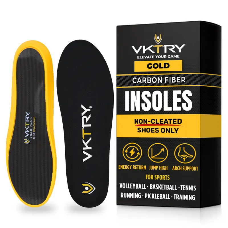 VKTRY Non-Cleated Gold 100% Aerospace-Grade Carbon Fiber Performance Insoles - Shoe Inserts with Carbon Fiber Technology for Volleyball Athletes, Shock-Absorb Feature
