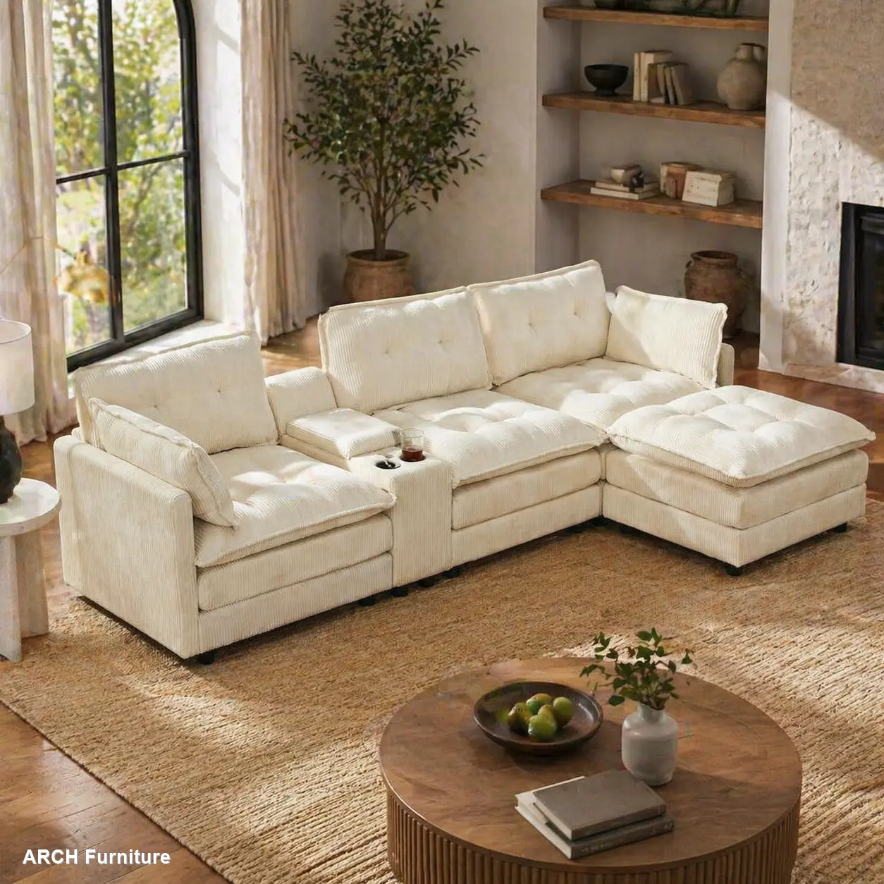 Beige 119-in Tufted Corduroy L-Shaped Oversized Modular Sectional Sofa - 4-Seater Cloud-Soft Ergonomic Configurable Dual-Function Assembled Indoor Furniture with 1 Ottoman, Multi-Functional Console, USB Port, 2 Cup Holders & Easy Assembly, Cloud-Soft Sofa