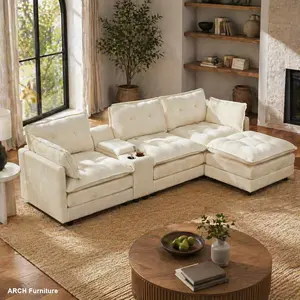 119 In Tufted Corduroy Fabric L-Shaped Oversized Modular Sectional Sofa, 4-Seater Upholstered Indoor Living Room Furniture with 1 Ottoman, Multi-Functional Console, USB Port, 2 Cup Holders & Easy Assembly, Beige