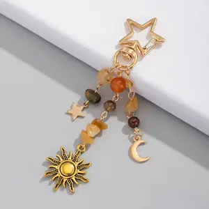 Sun Moon Star Keychain Y2k Aesthetic Boho Hippie Keychain Crystal Beads Bag Purse Charms for Handbags
