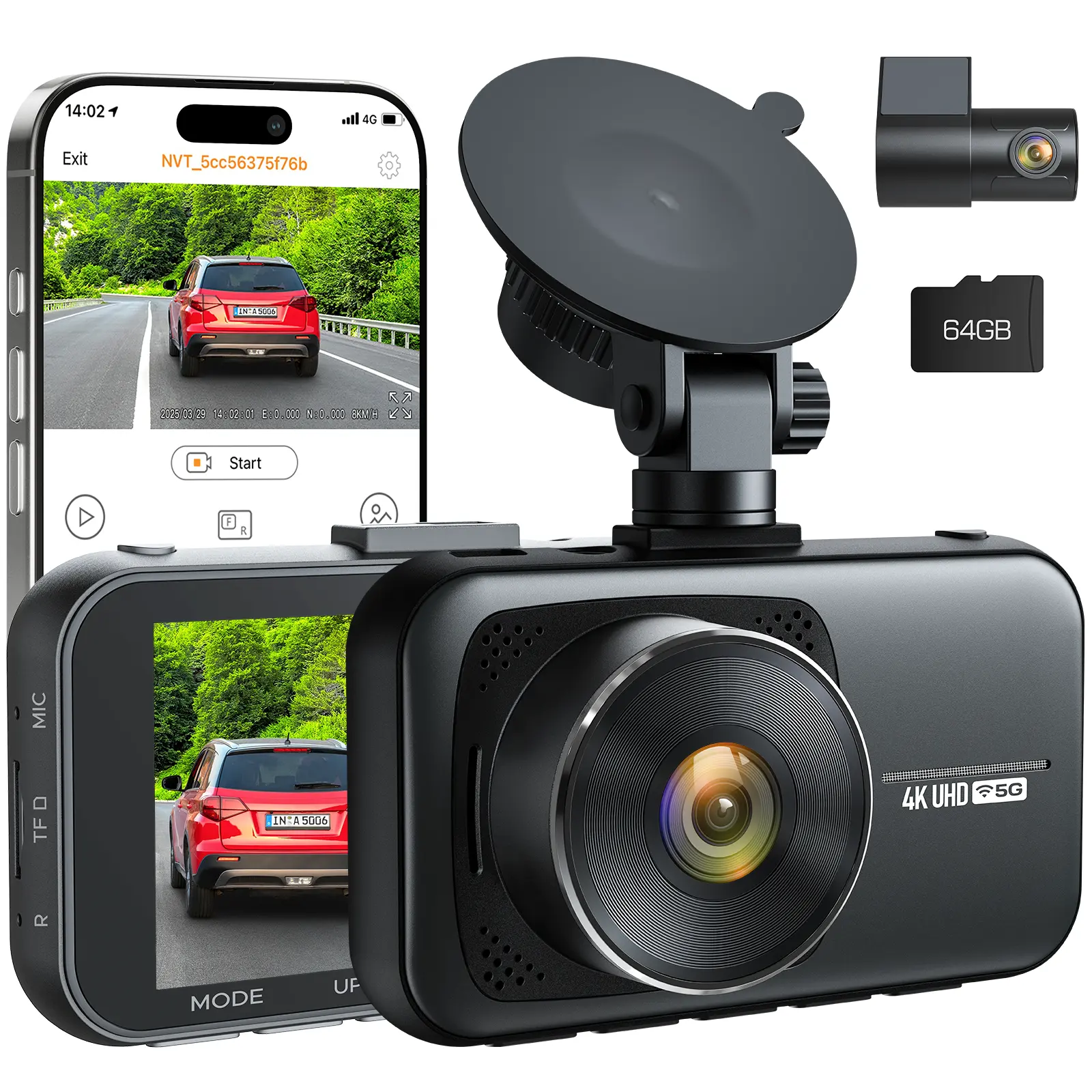 LAMTTO 4K High-Definition Dual-Channel Dash Cam with Free 64GB Memory Card — Night Vision, G-Sensor Emergency Recording, 4K + 1080P Loop Recording, and 24/7 Parking Surveillance with App Video Management & Preview