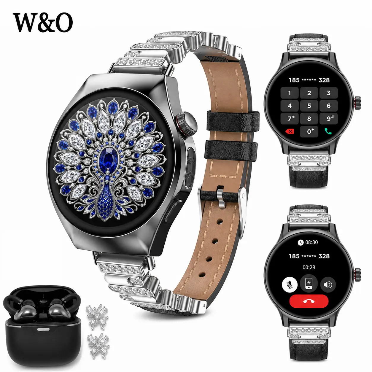 W&O Smart Watch Set for Women, Touch Screen Wearable Watch with Bluetooth Wireless Earbuds, Message Reminder, Step Counter, Alarm, Timer, Music Control, Comfortable Strap, Compatible with Most iOS & Android Smartphones, Gifts for Wife