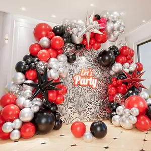 161Pcs Red And Black Balloon Arch Kit With Explosion Star Balloons, 5/10/12/18In Red/Black And Metallic Silver Balloons Garland Kit For Birthday Prom Graduation Party Decorations