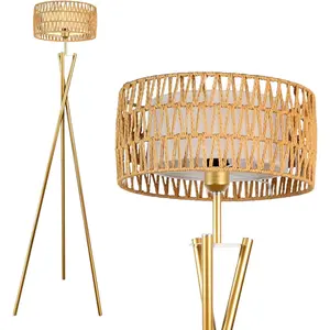 Lightdot Tripod Floor Lamp,Rattan Floor Lamps for Living Room,Mid Century Standing Floor Lamp,Modern Design Shelf Floor Lamp for Living Room, Bedroom,Office with E26 Lamp Base Gold