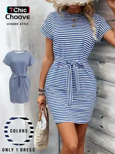 Women's Summer Dress with Belt, Pockets, Loose Fit, Striped, Soft Comfortable Fabric, Casual Style, Knee Length, Short Sleeve, Tie Front， Perfect For Daily Wear