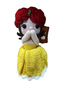Unique Handmade Crocheted Yellow Dress Doll Flower Bouquet 12" Tall 8" Diameter Mexican Artisan Craft Special Gift