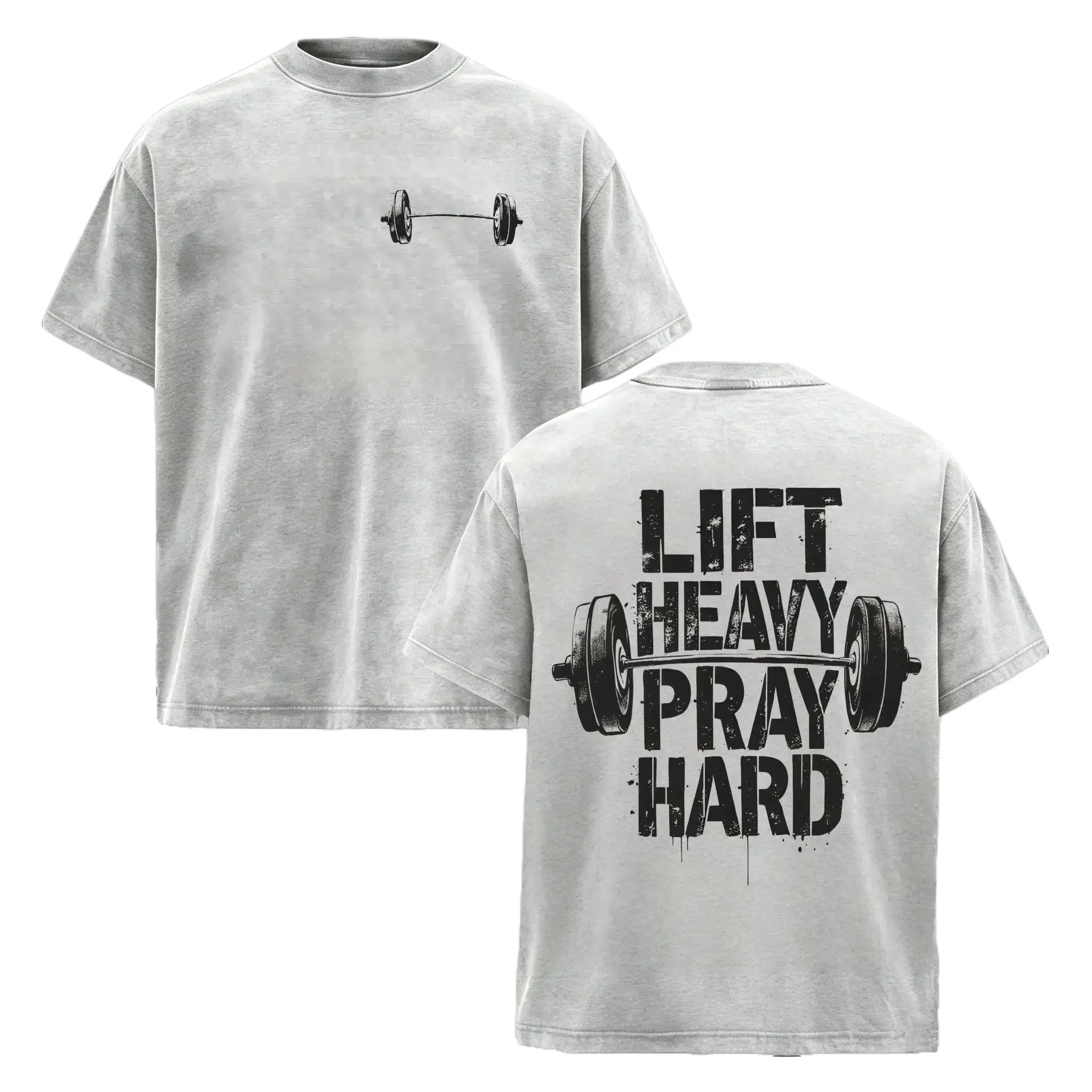 Men's Washed Look Graphic T-Shirt - Menswear Casual Round Neck Short-Sleeve Top with "Lift Heavy Pray Hard" Christian Quote, Retro 90s Streetwear, Wash Look