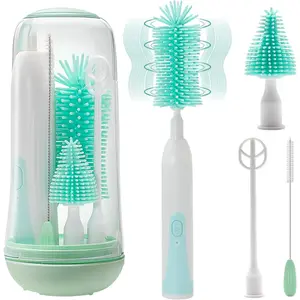Electric Travel Baby Bottle Brush Set - Automatic Cleaner with Silicone Brush Kit & Drainage Rack, Rechargeable & Portable for Travel