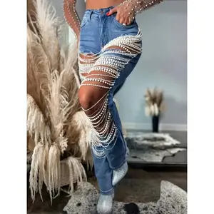 Coast Blend Threads Women's Stylish Straight-Leg Jeans with Pearl Chain Fringe - Mid-Rise, Stretch Denim in Light Blue, Perfect for Parties, Birthdays, Hip-Hop, Street Dance, Beach Outings & Shopping, Shopping Outfit | Hiphop Fashion | Dura