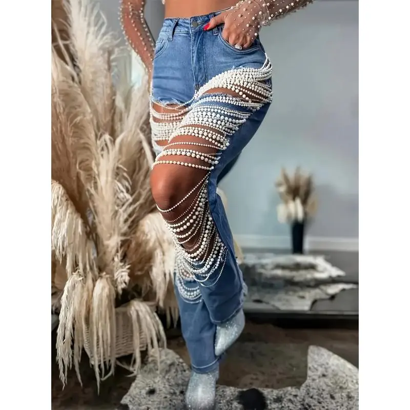 Coast Blend Threads Women's Stylish Straight-Leg Jeans with Pearl Chain Fringe - Mid-Rise, Stretch Denim in Light Blue, Perfect for Parties, Birthdays, Hip-Hop, Street Dance, Beach Outings & Shopping, Shopping Outfit | Hiphop Fashion | Dura