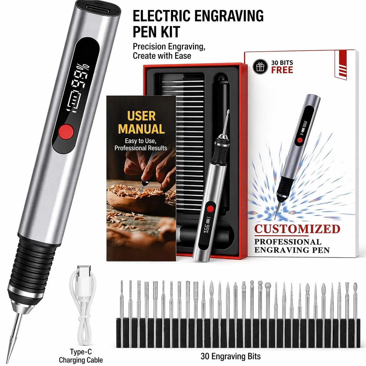 Cordless engraving pen kit with 30 diamond bits, USB-C charging 3-speed engraving tool for metal, glass, wood, leather, acrylic and personalized gifts