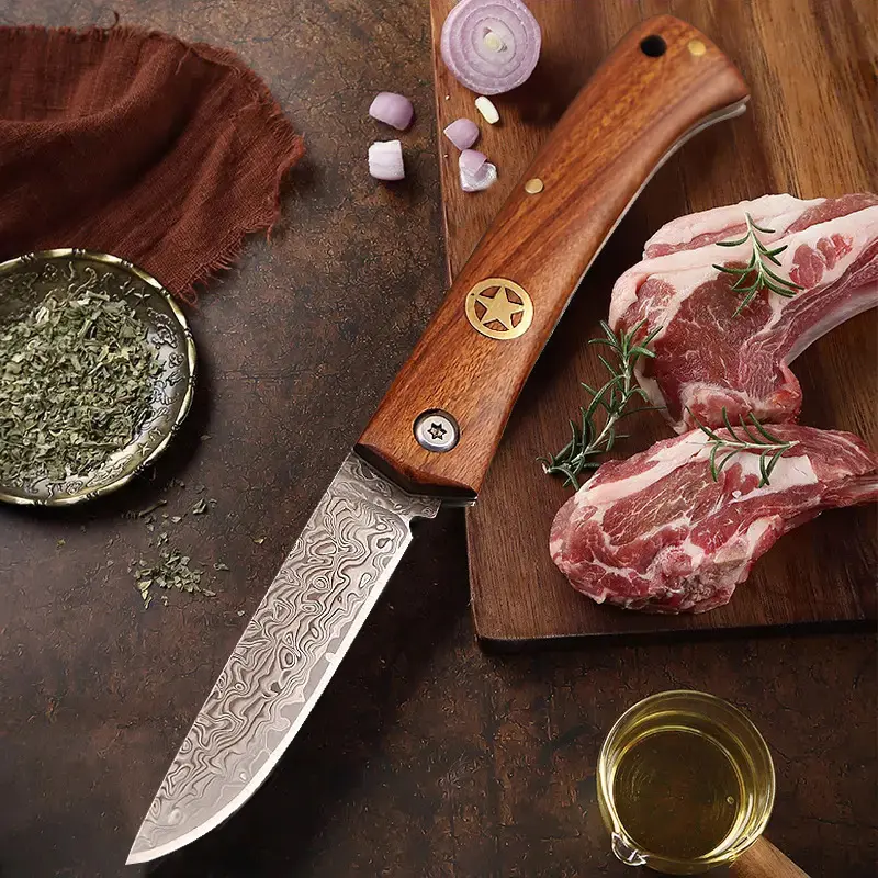 Damascus steel camping knife, chef's steak knife, solid wood handle, great holiday gift