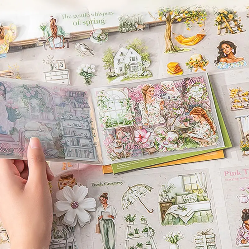 Spring Garden Scene Sticker Book, Floral Pattern Sticker, 20 Sheets Per Pack, Spring Colors Series, Hand Account DIY Scrapbook Material
