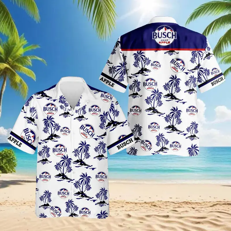 Busch.Light Apple Tropical Summer Hawaiian Shirt Casual Tropical Short Sleeve Button Down Shirt Top Menswear SNG