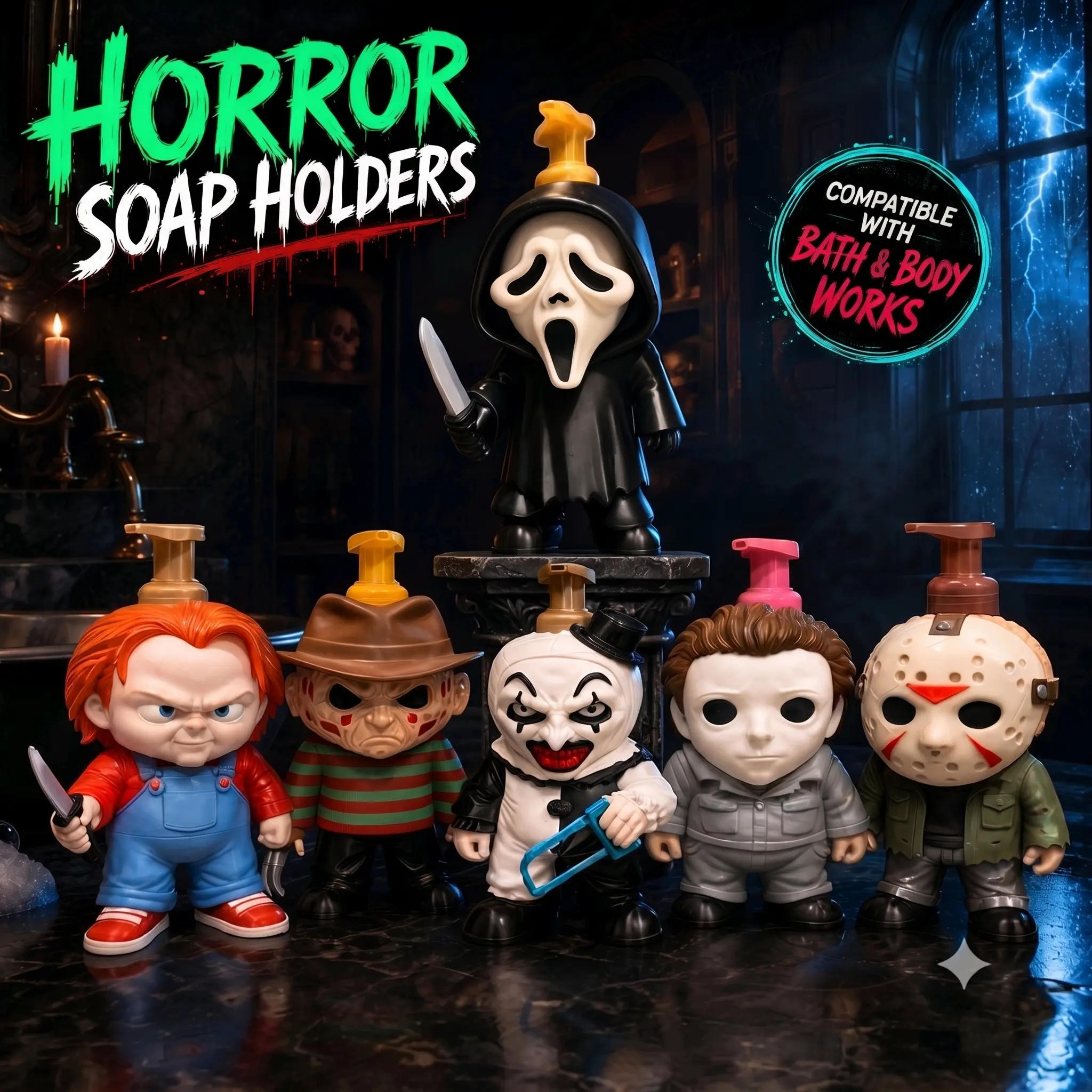 Horror Soap Holders Ghostface Freddy Terrifier Michael Myers Jason Chuckee Compatible with Bath & Body Works Horror Foaming Soap Dispenser