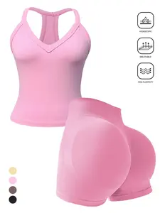 Women's Sporty Backless Set, V-Neck Tank Top & High-Waisted Shorts, Slim-Fit, Breathable, Quick-Dry, Yoga & Running Workout Gear, Breathable Sports Set, Fitness Activewear