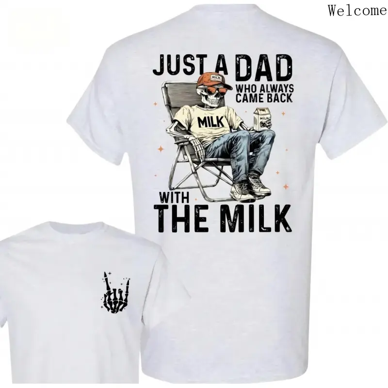 Vintage Skeleton Dad Milk Joke Graphic T Shirt Unisex Trendy Tee Just A Dad Funny Gift for Dad Husband New Fathers Father's Day Birthday Soft Breathable Men's Short Sleeves Sport Tshirt