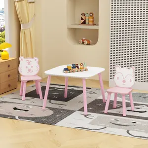 Table and Chair Set 3-Piece Wooden Desk with Animal Backrest Activity Table for Drawing Learning Playroom or Pink Furniture MDF High-Quality Material